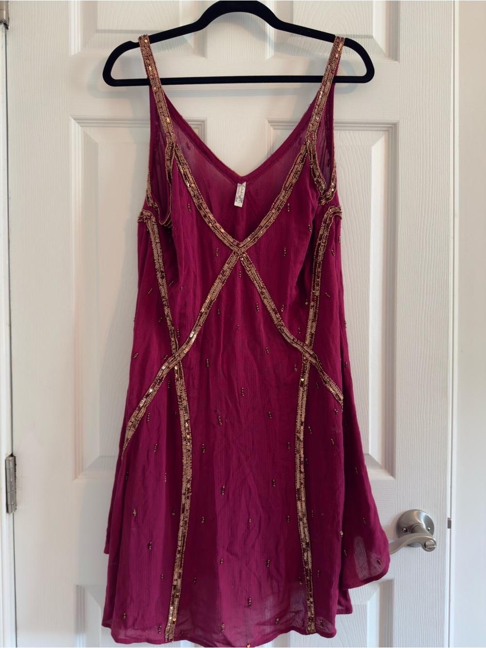 Free People Wine-Red Mini Dress with Gold Beaded Sequin Trim | Size Large